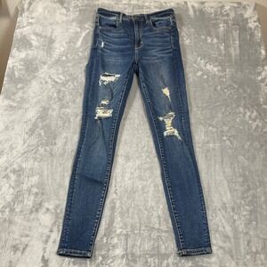 American Eagle Jeans Womens Size 6 Super Hi Rise Blue Distressed Ripped Skinny